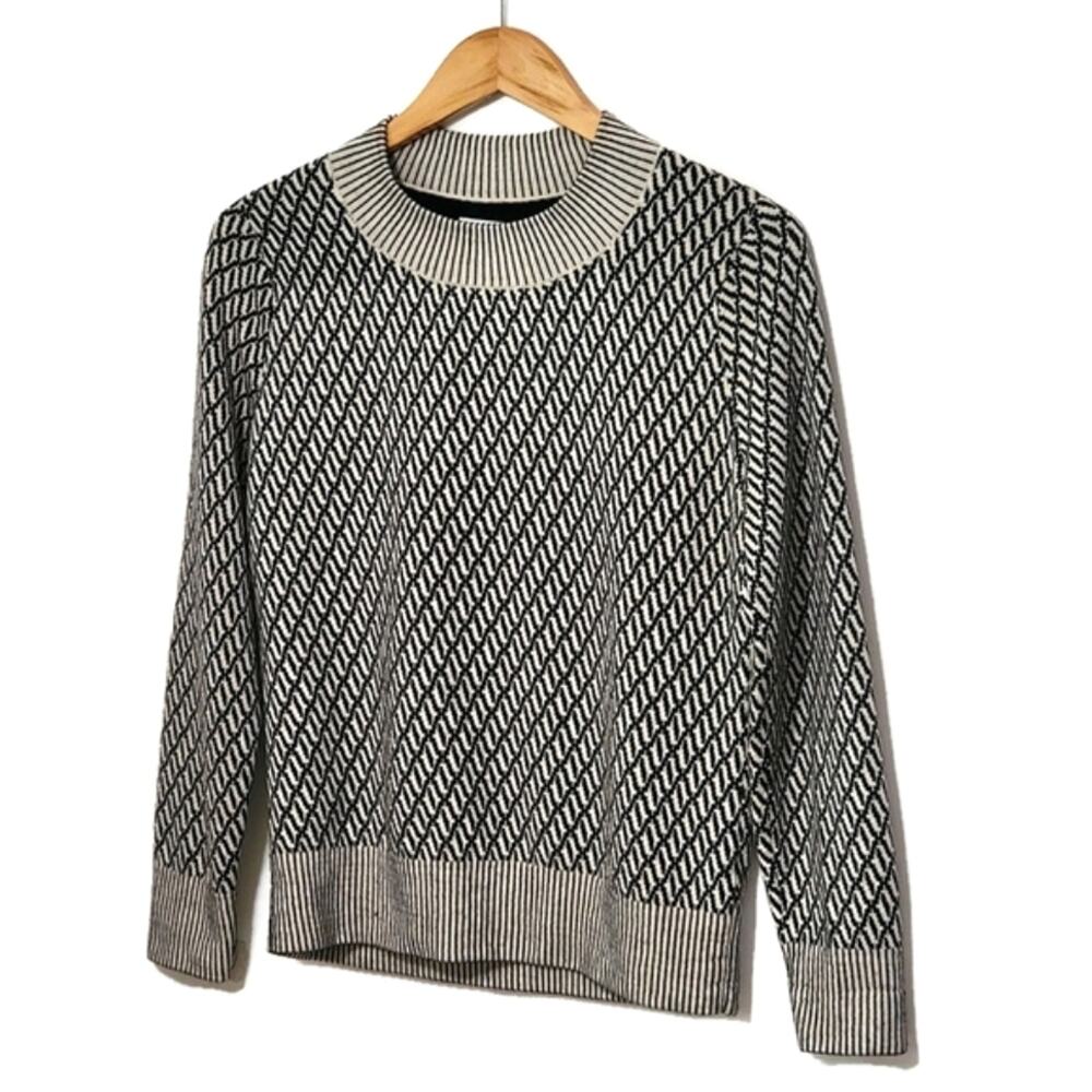 Tanya Taylor Geometric Knit Virgin Wool Sweater Round Neck Black White L Modern - Picture 6 of 13